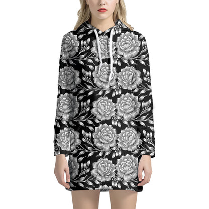 Vintage Black And White Floral Print Hoodie Dress
