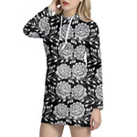 Vintage Black And White Floral Print Hoodie Dress