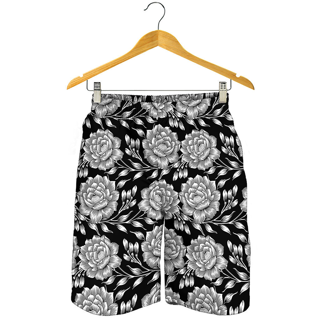 Vintage Black And White Floral Print Men's Shorts