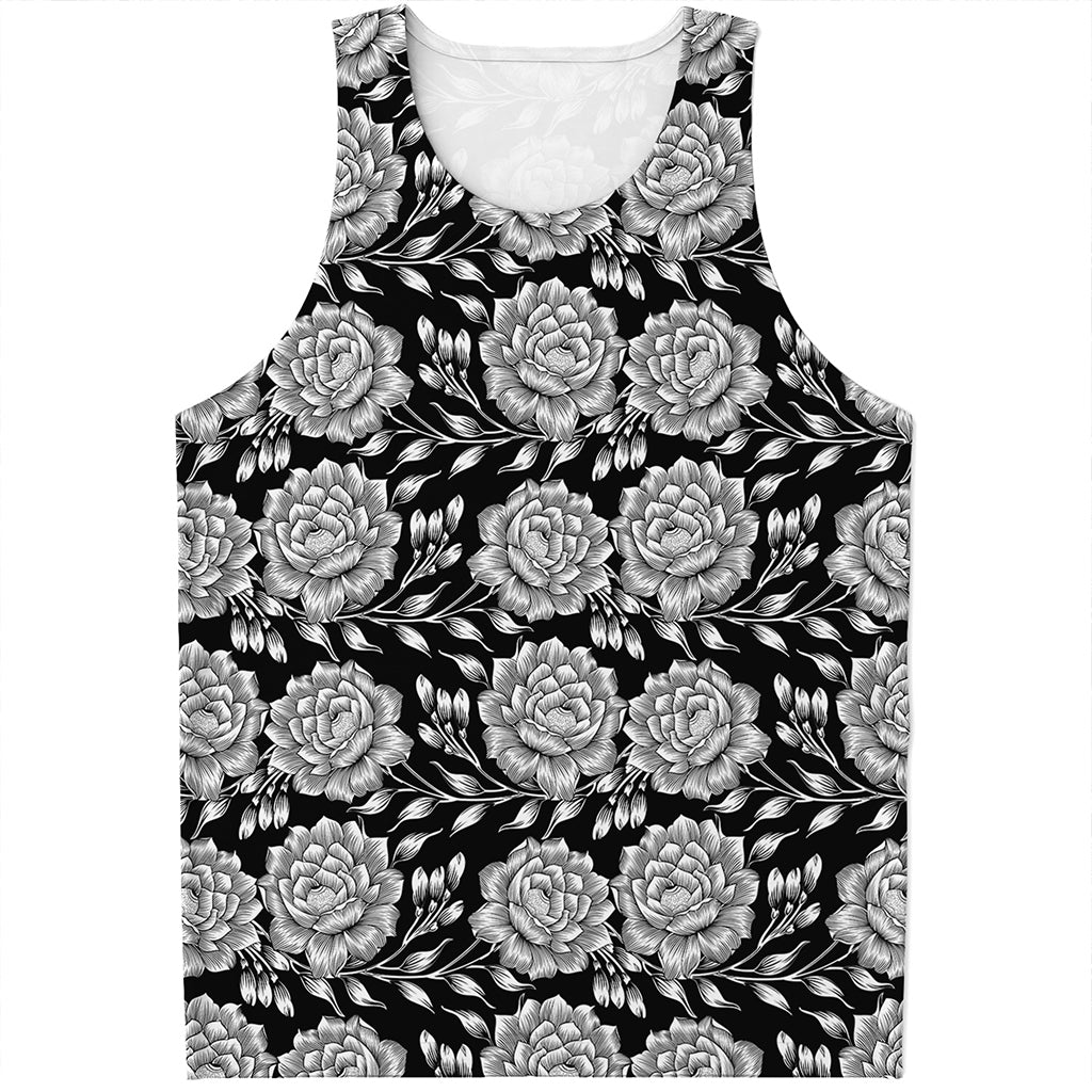 Vintage Black And White Floral Print Men's Tank Top