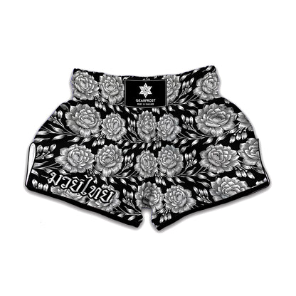 Vintage Black And White Floral Print Muay Thai Boxing Shorts