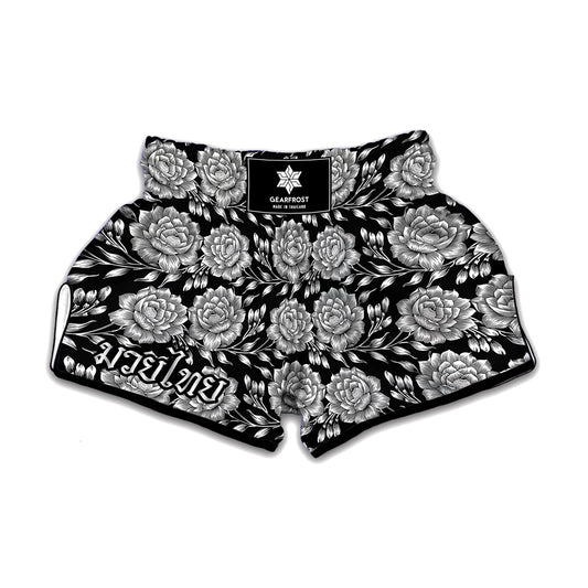 Vintage Black And White Floral Print Muay Thai Boxing Shorts