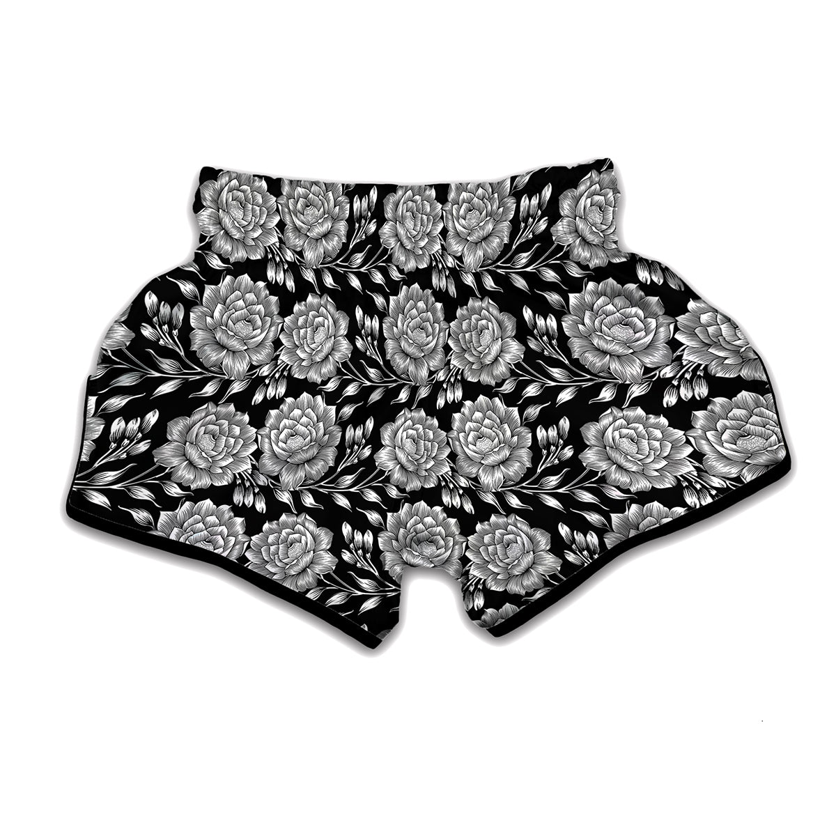 Vintage Black And White Floral Print Muay Thai Boxing Shorts
