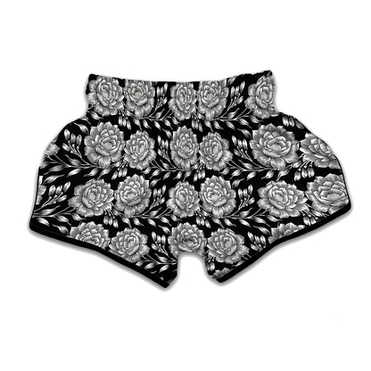 Vintage Black And White Floral Print Muay Thai Boxing Shorts
