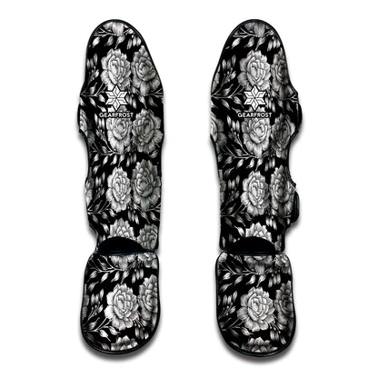 Vintage Black And White Floral Print Muay Thai Shin Guard