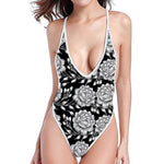 Vintage Black And White Floral Print One Piece High Cut Swimsuit