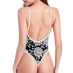 Vintage Black And White Floral Print One Piece High Cut Swimsuit