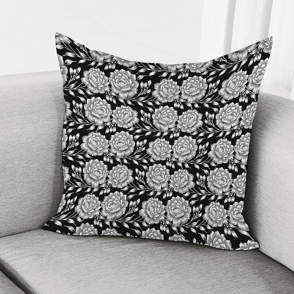 Vintage Black And White Floral Print Pillow Cover