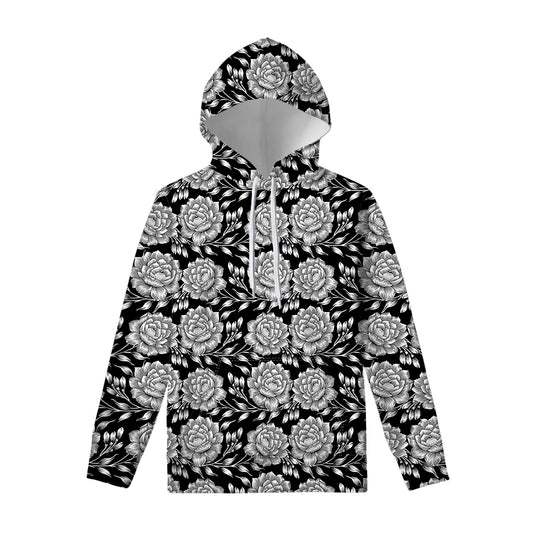 Vintage Black And White Floral Print Pullover Hoodie