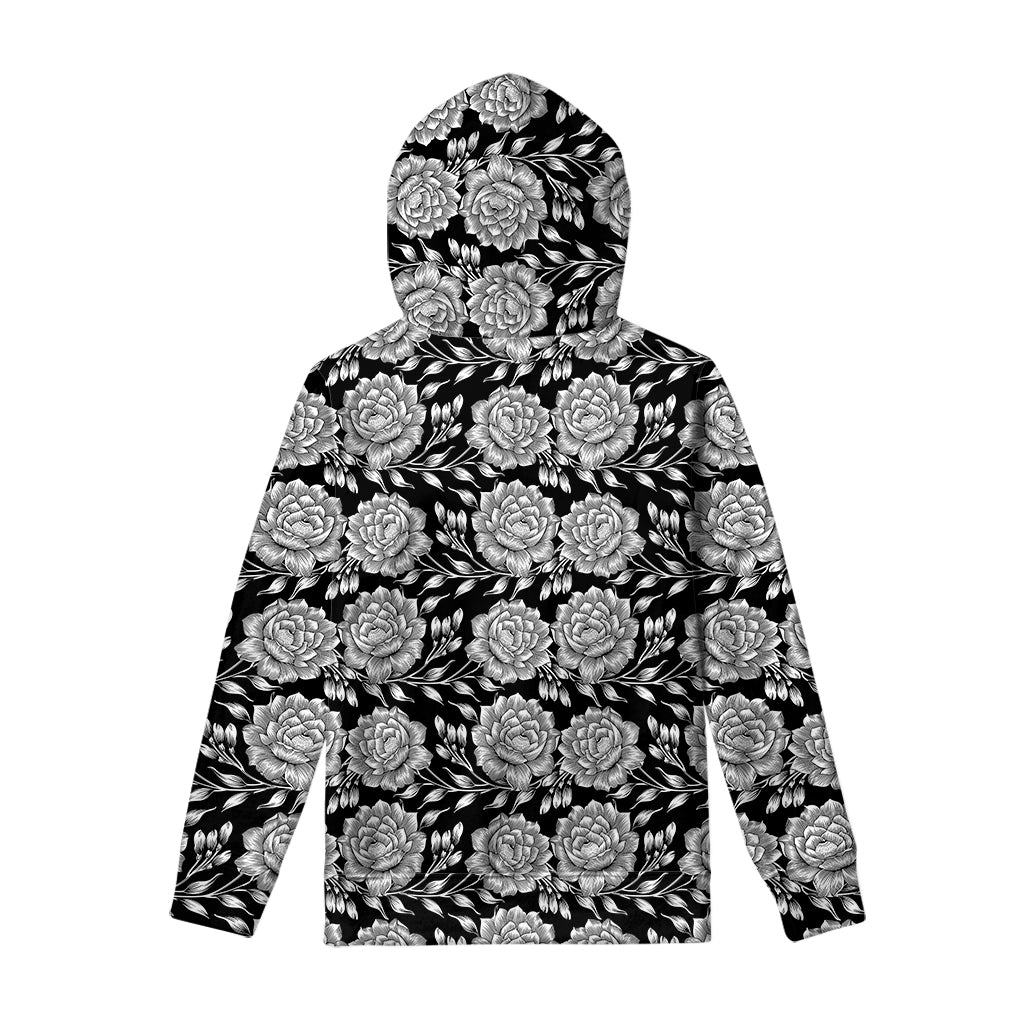 Vintage Black And White Floral Print Pullover Hoodie