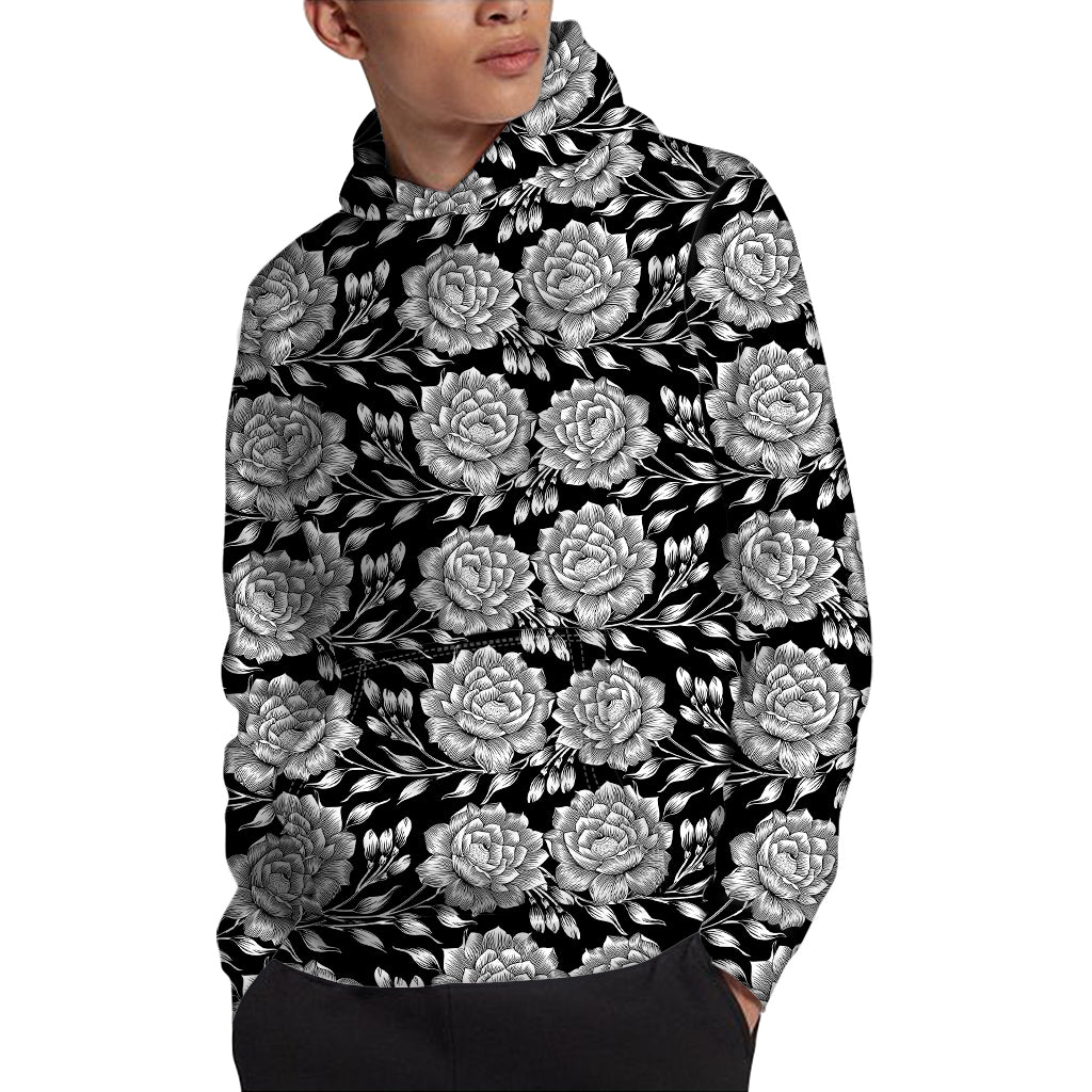 Vintage Black And White Floral Print Pullover Hoodie
