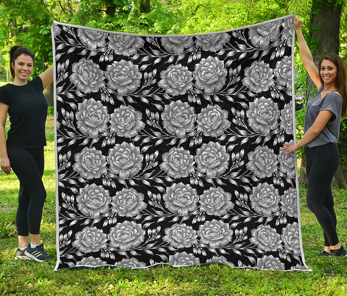 Vintage Black And White Floral Print Quilt