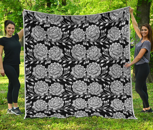 Vintage Black And White Floral Print Quilt