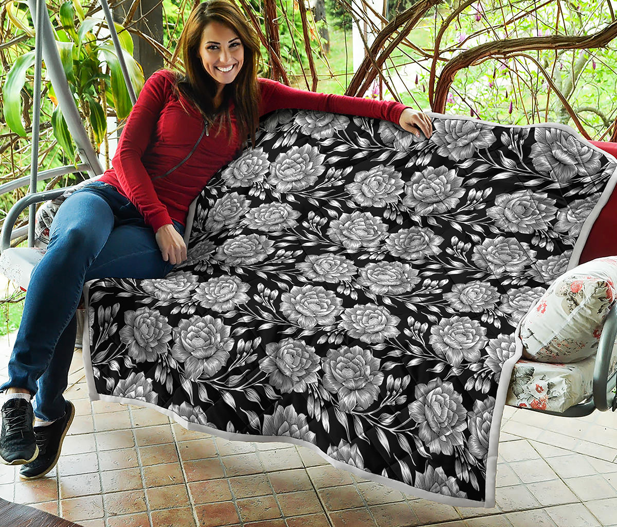 Vintage Black And White Floral Print Quilt