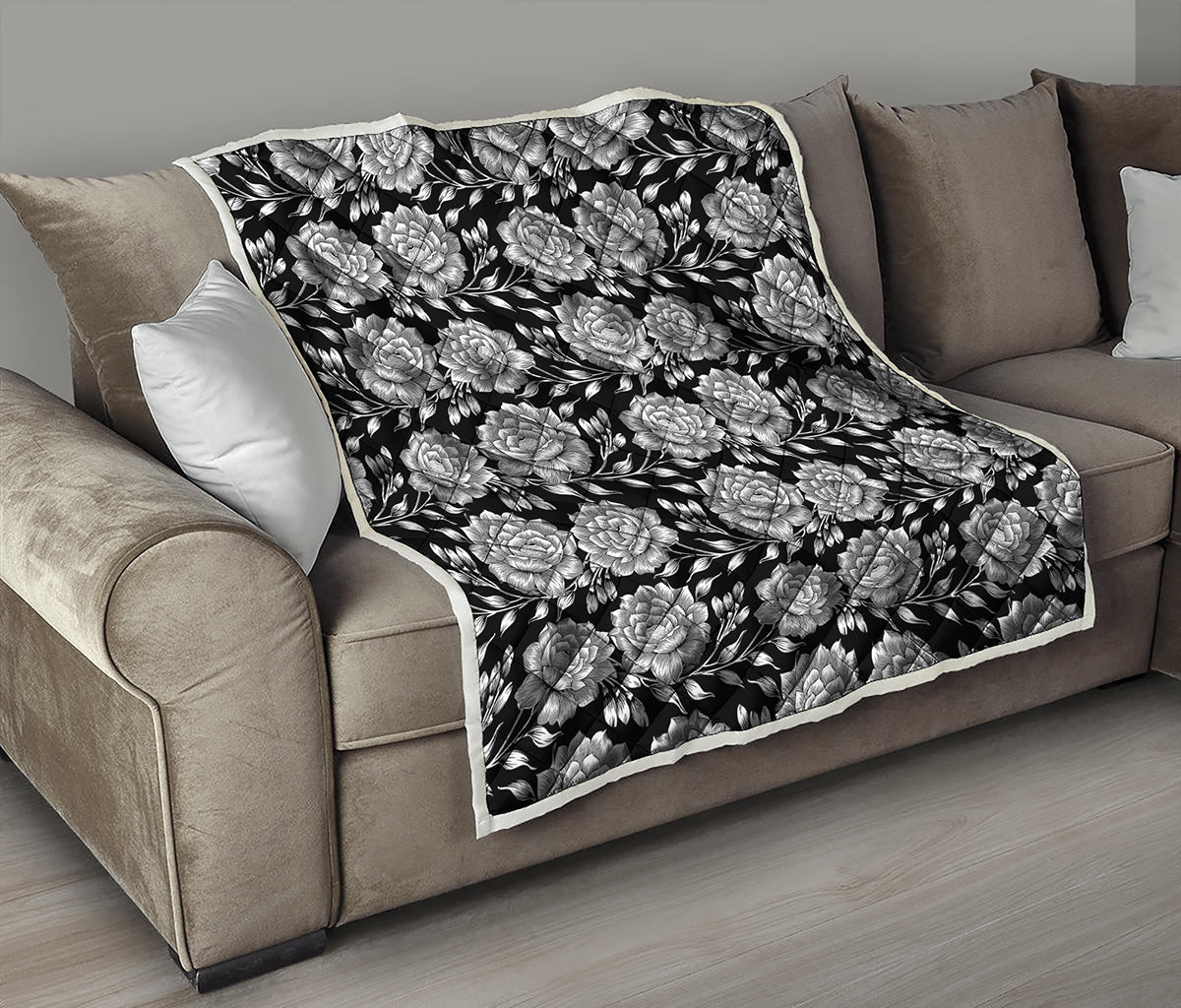 Vintage Black And White Floral Print Quilt