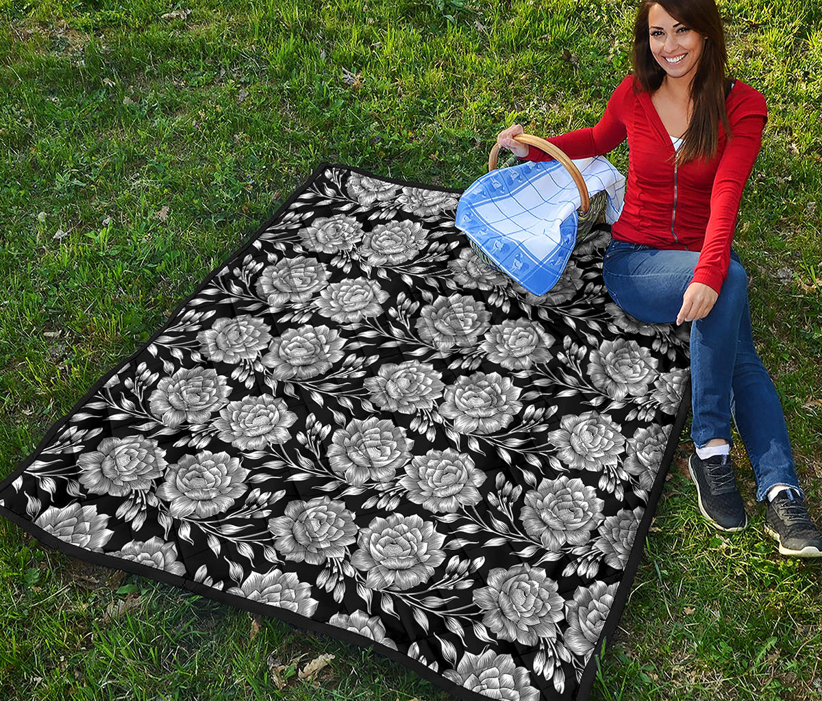 Vintage Black And White Floral Print Quilt
