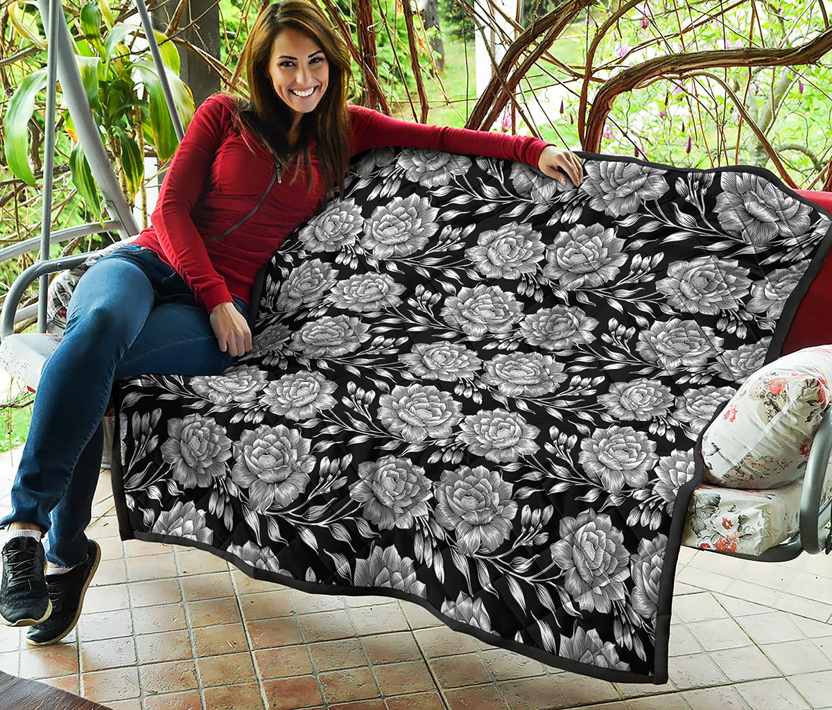 Vintage Black And White Floral Print Quilt