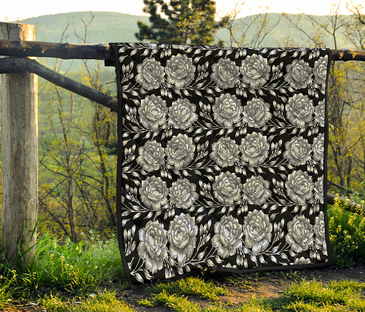 Vintage Black And White Floral Print Quilt