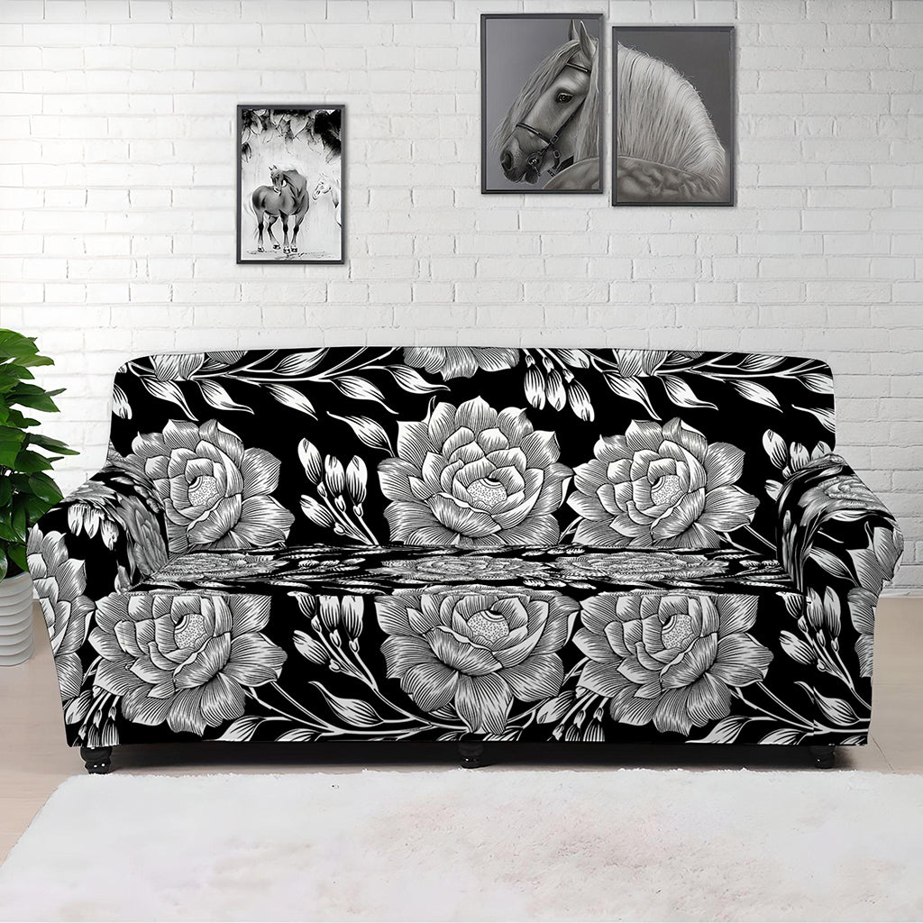 Vintage Black And White Floral Print Sofa Cover