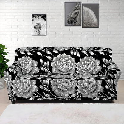 Vintage Black And White Floral Print Sofa Cover