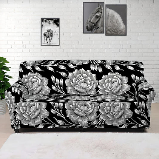 Vintage Black And White Floral Print Sofa Cover