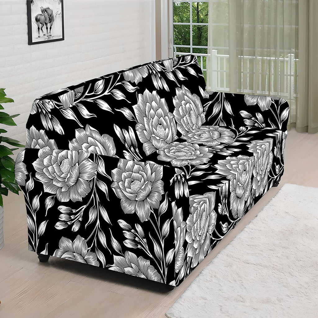 Vintage Black And White Floral Print Sofa Cover