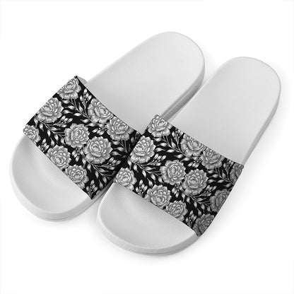 Vintage Black And White Floral Print White Slide Sandals
