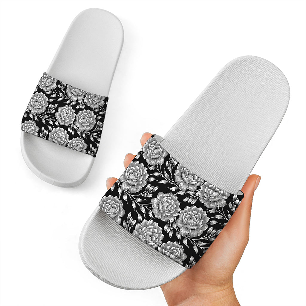 Vintage Black And White Floral Print White Slide Sandals