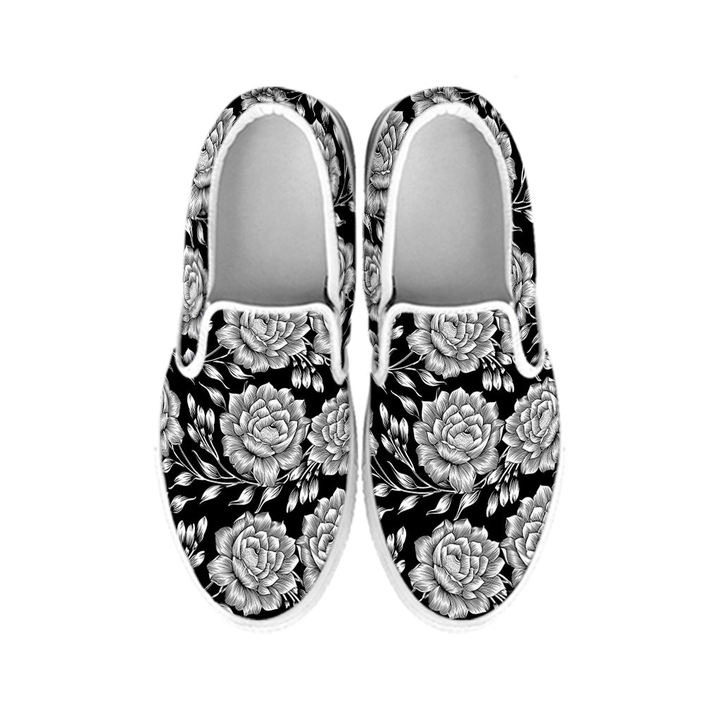 Vintage Black And White Floral Print White Slip On Shoes