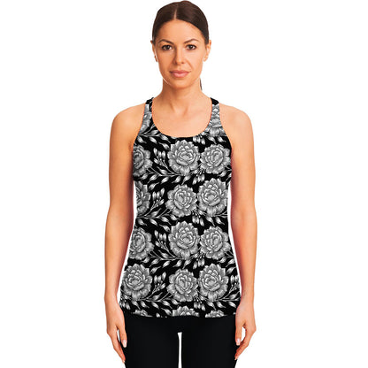 Vintage Black And White Floral Print Women's Racerback Tank Top