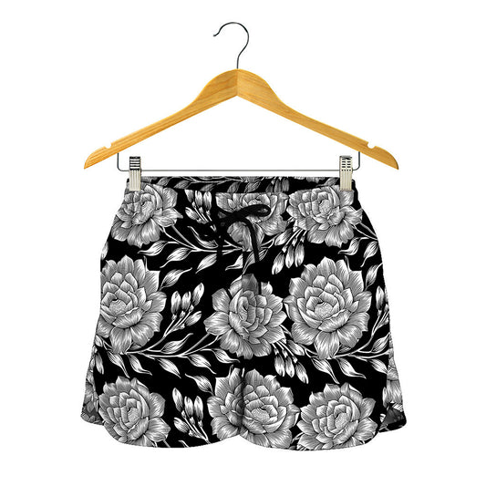 Vintage Black And White Floral Print Women's Shorts