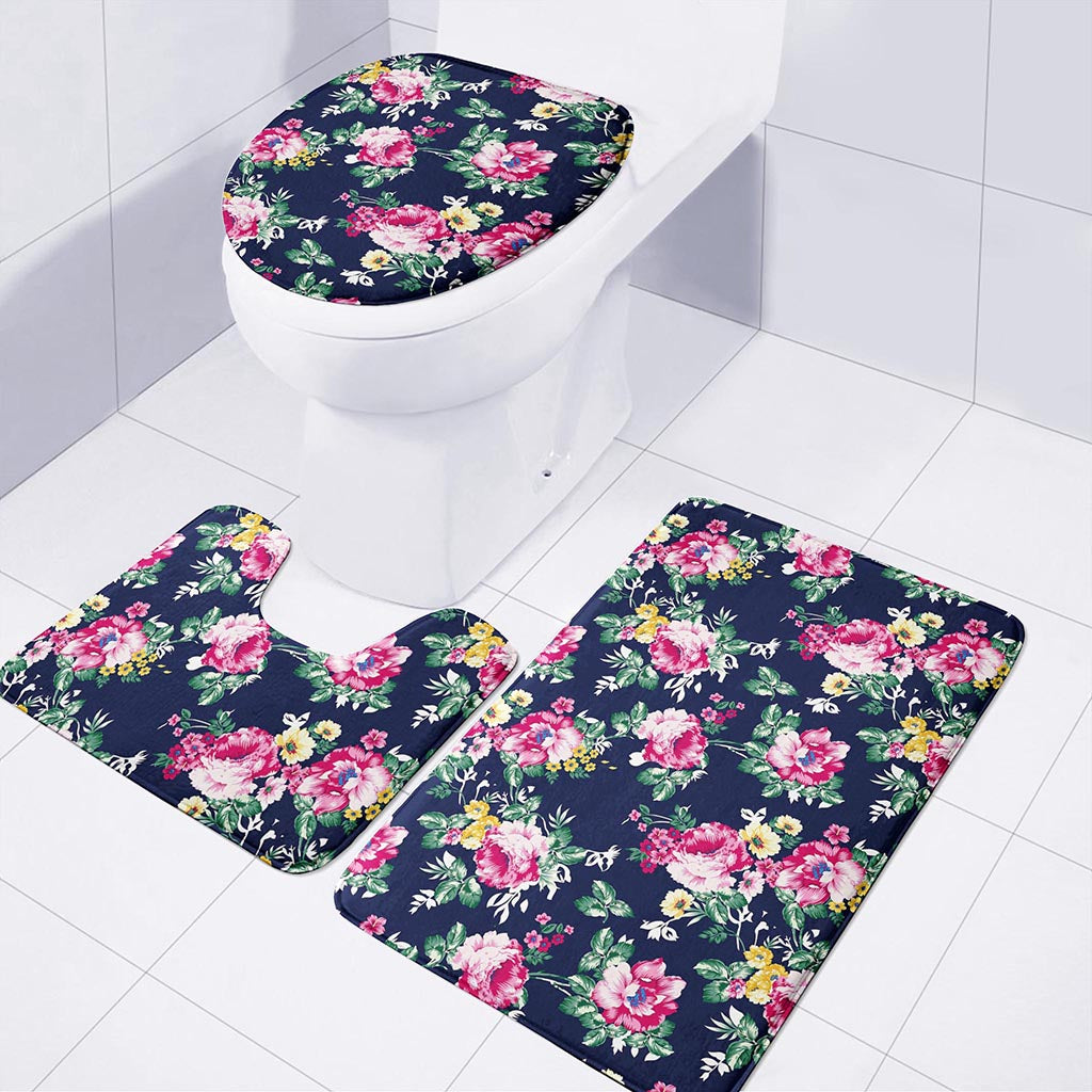 Vintage Blossom Floral Pattern Print 3 Piece Bath Mat Set