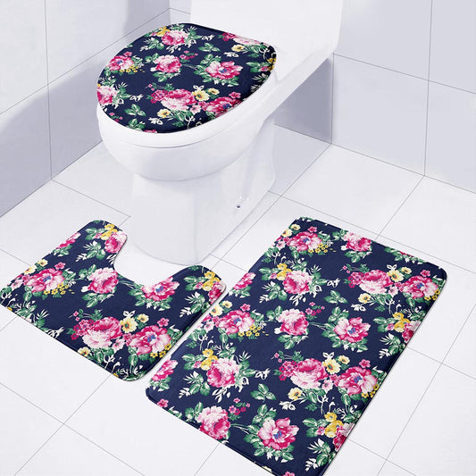 Vintage Blossom Floral Pattern Print 3 Piece Bath Mat Set