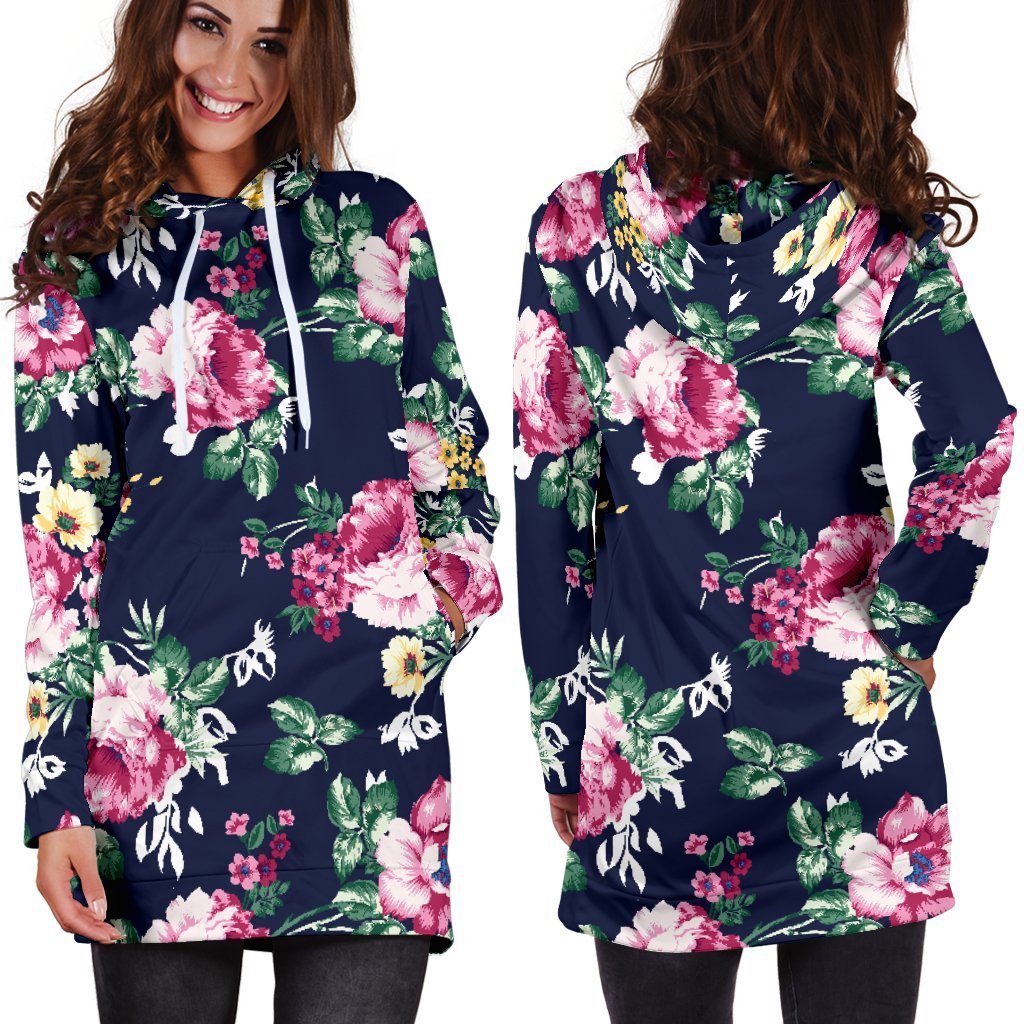 Vintage Blossom Floral Pattern Print Hoodie Dress GearFrost