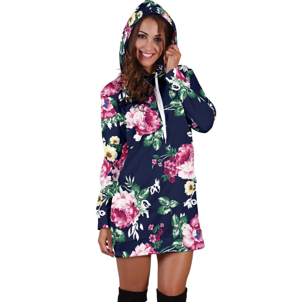 Vintage Blossom Floral Pattern Print Hoodie Dress GearFrost