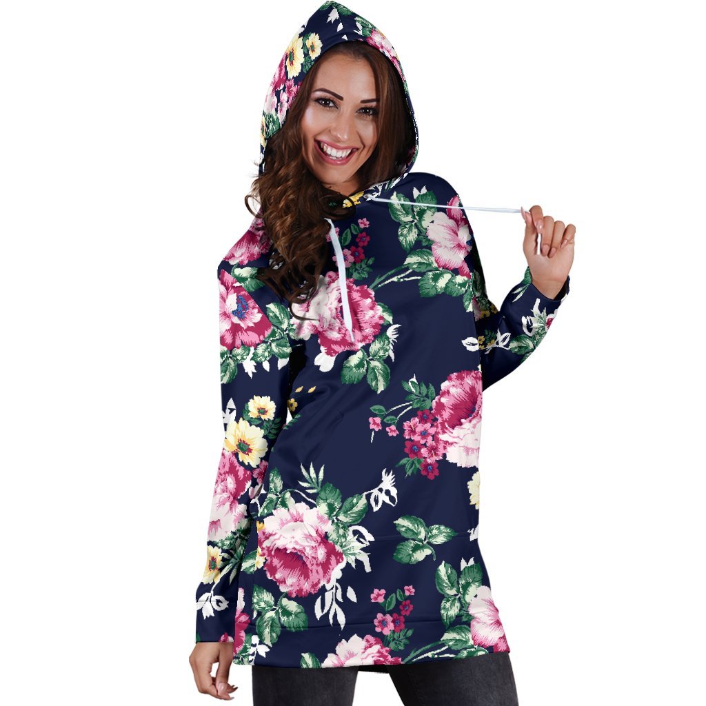 Vintage Blossom Floral Pattern Print Hoodie Dress GearFrost