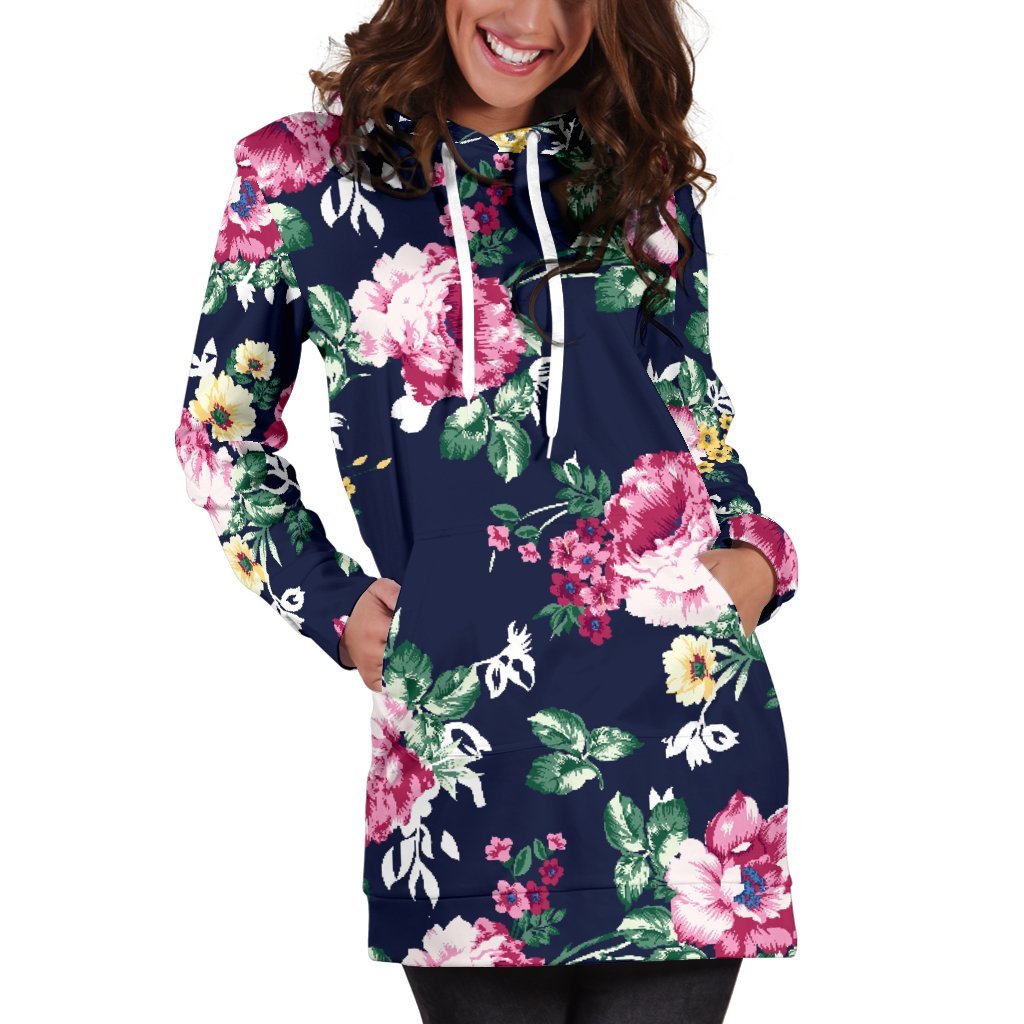 Vintage Blossom Floral Pattern Print Hoodie Dress GearFrost