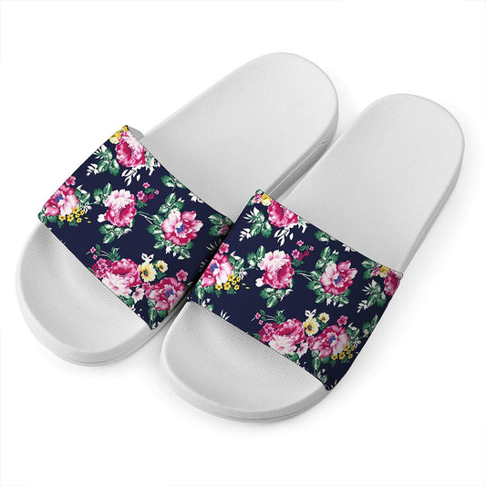 Vintage Blossom Floral Pattern Print White Slide Sandals