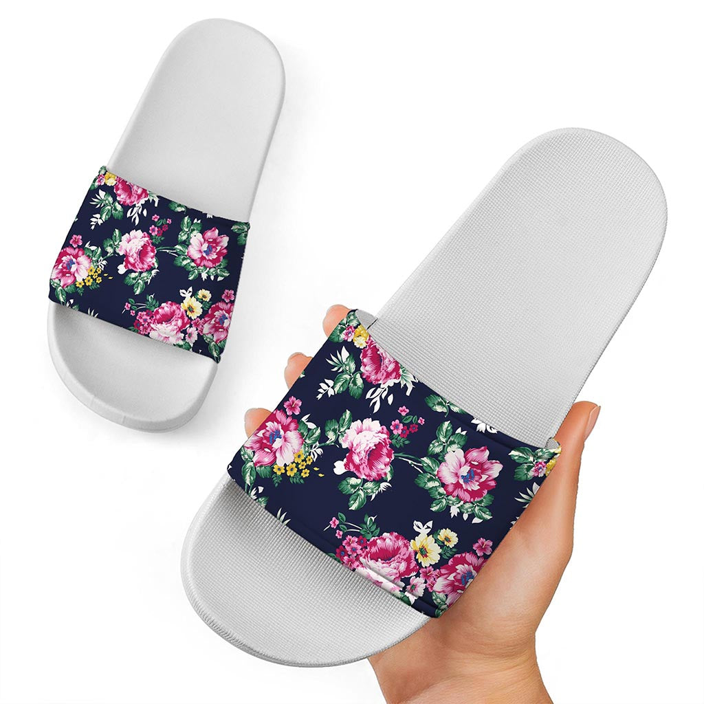 Vintage Blossom Floral Pattern Print White Slide Sandals