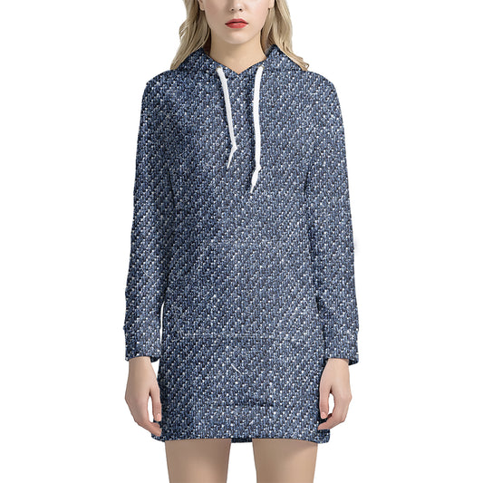 Vintage Blue Denim Jeans Print Hoodie Dress