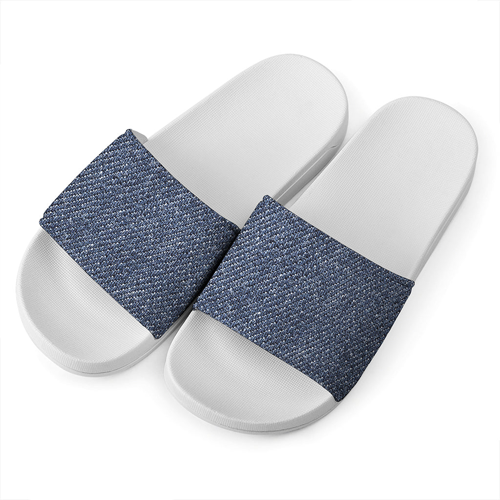Vintage Blue Denim Jeans Print White Slide Sandals