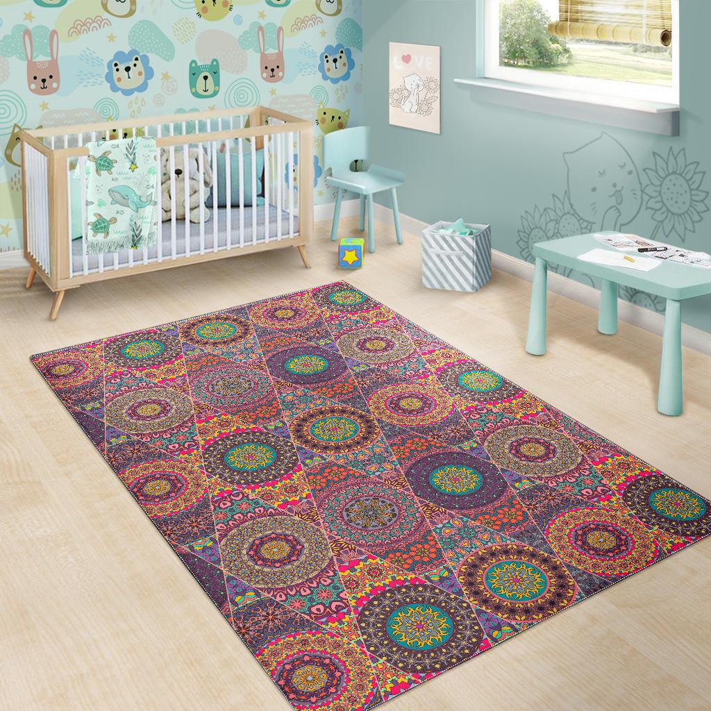 Vintage Bohemian Floral Mandala Print Area Rug GearFrost