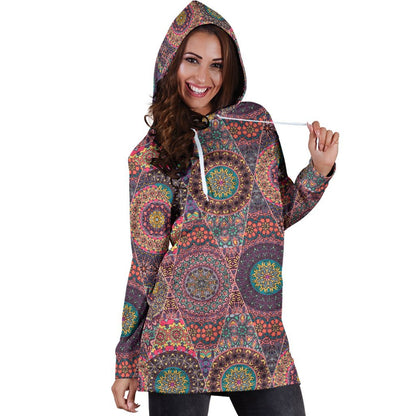 Vintage Bohemian Floral Mandala Print Hoodie Dress GearFrost