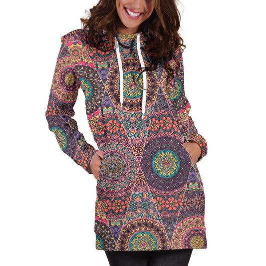 Vintage Bohemian Floral Mandala Print Hoodie Dress GearFrost