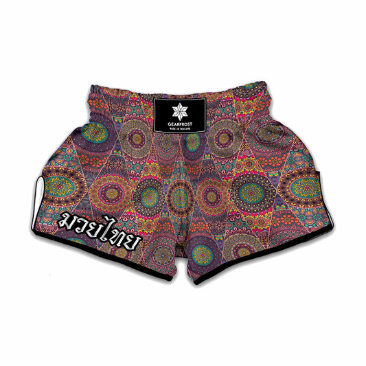 Vintage Bohemian Floral Mandala Print Muay Thai Boxing Shorts