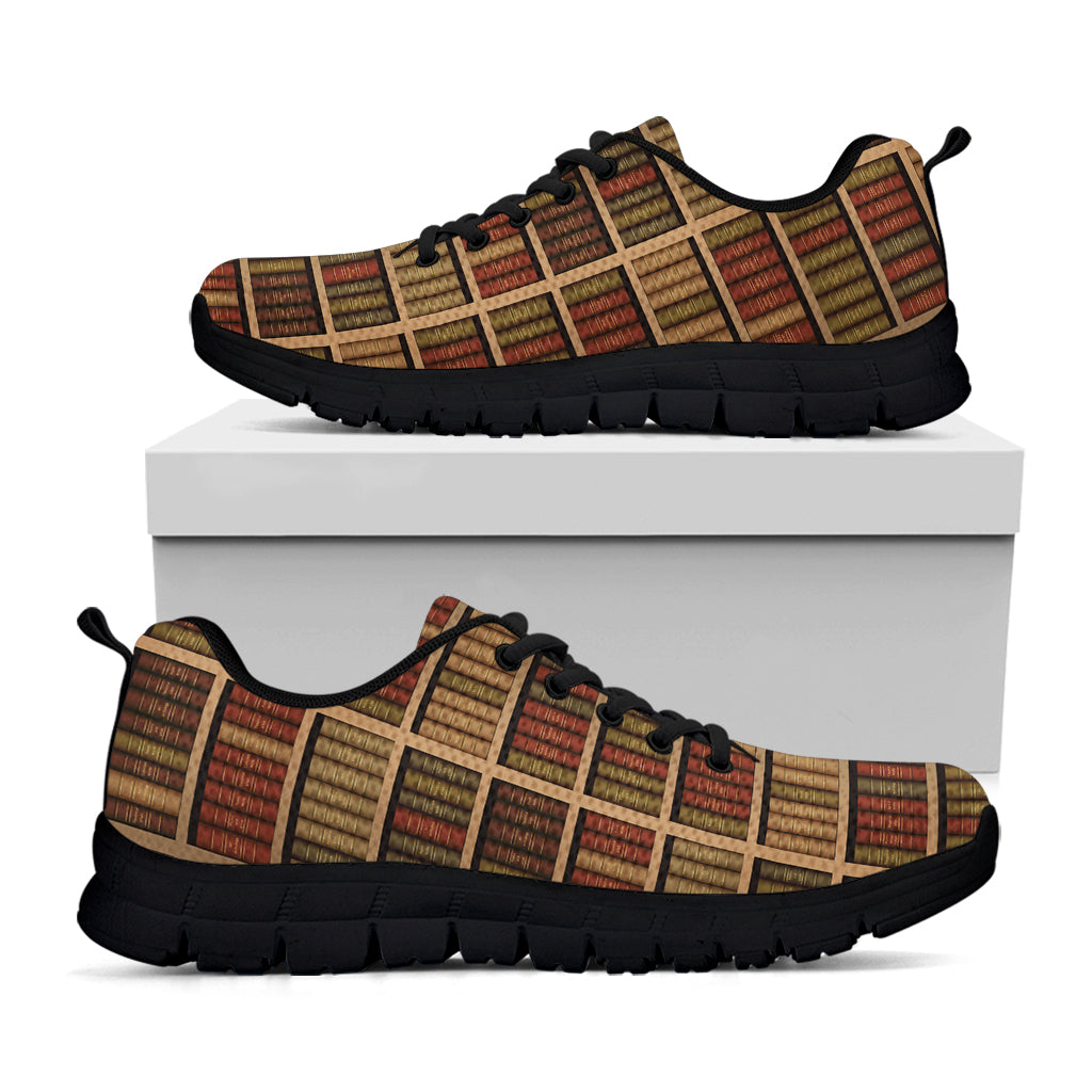 Vintage Bookshelf Pattern Print Black Sneakers
