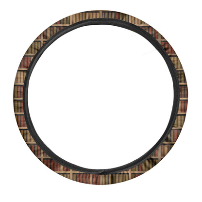 Vintage Bookshelf Pattern Print Car Steering Wheel Cover