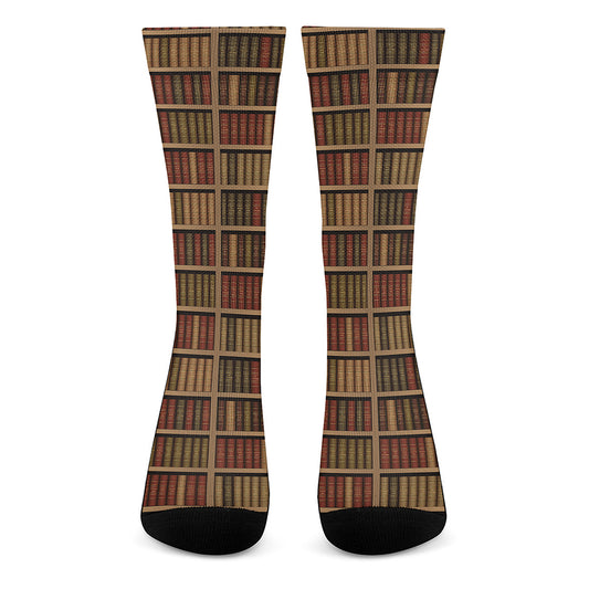 Vintage Bookshelf Pattern Print Crew Socks