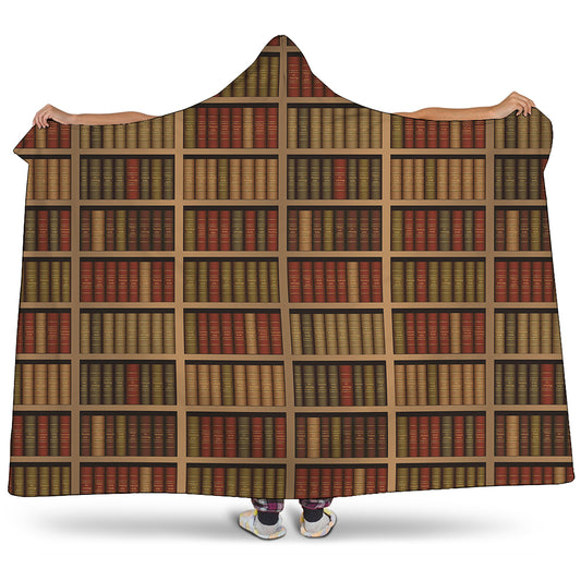 Vintage Bookshelf Pattern Print Hooded Blanket