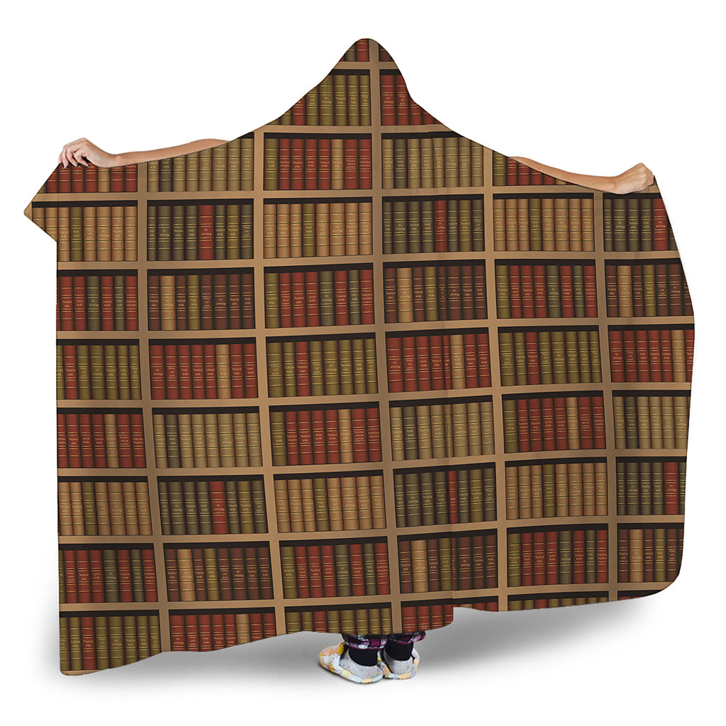 Vintage Bookshelf Pattern Print Hooded Blanket